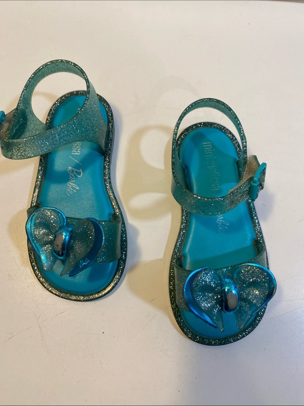 Mini Melissa/Barbien Little Girls' Teal Glitter Bow Jelly  Sandals Sz 8